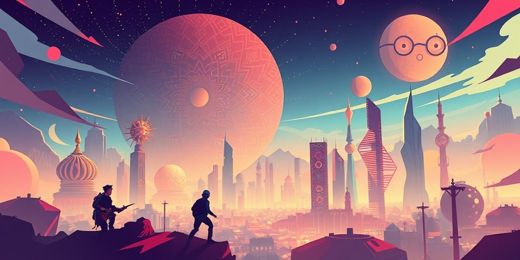A dynamic promotional poster for a Persian indie game studio with a diverse team, stylized Persian patterns, and futuristic cityscape, captured in vibrant colors and cinematic lighting.