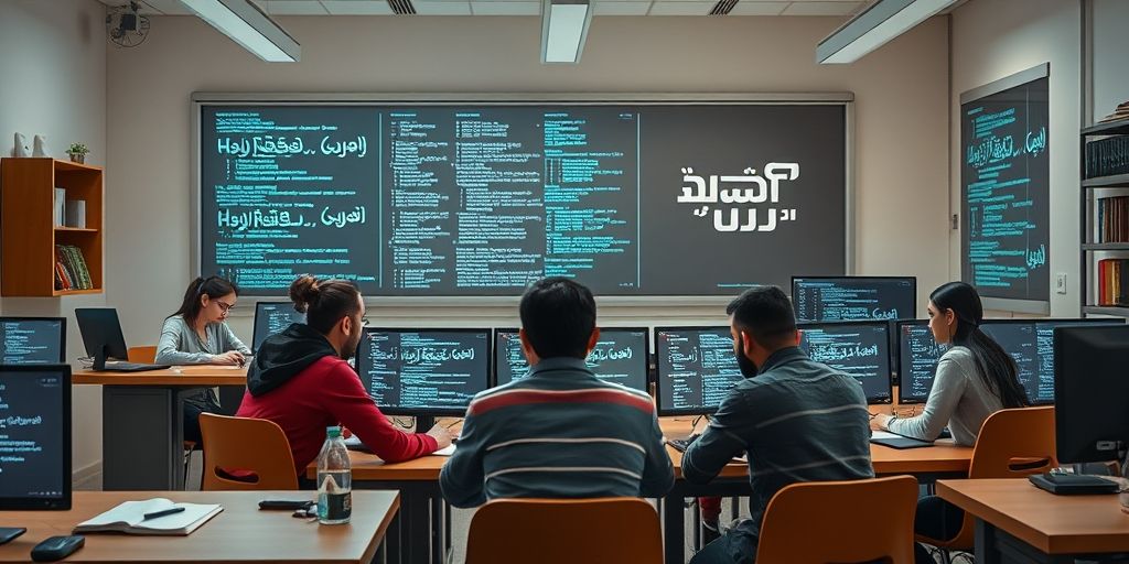 A futuristic scene showing diverse Iranian developers in a classroom and studio, collaborating around screens filled with Persian typography and code, conveying a hopeful, collaborative atmosphere.