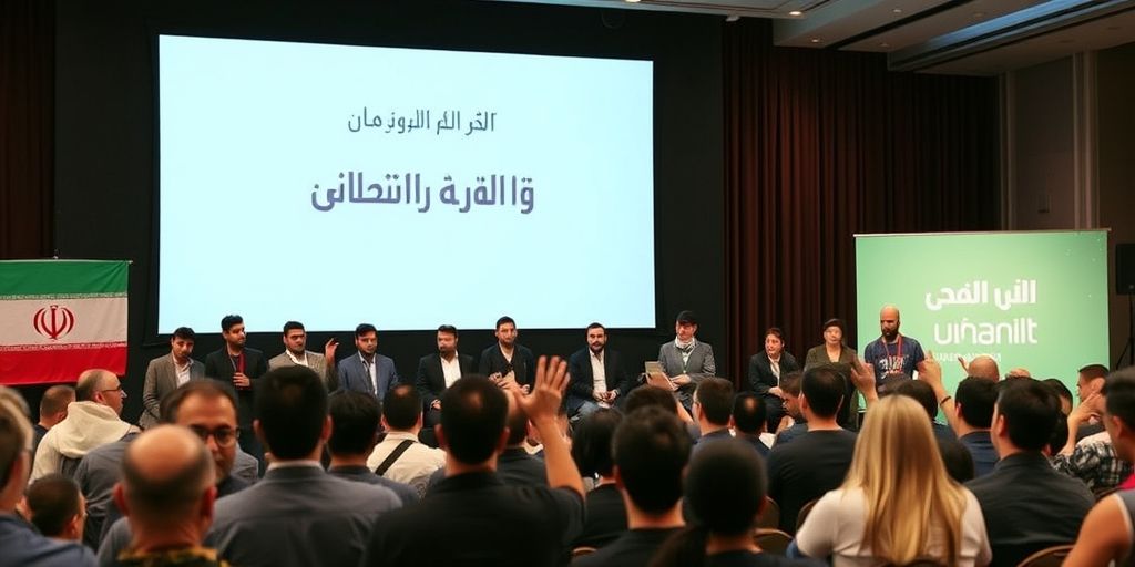 A group of Iranian developers presenting their game on a stage, with a large screen showing Persian typography and a diverse audience, captured in a hopeful, celebratory mood.