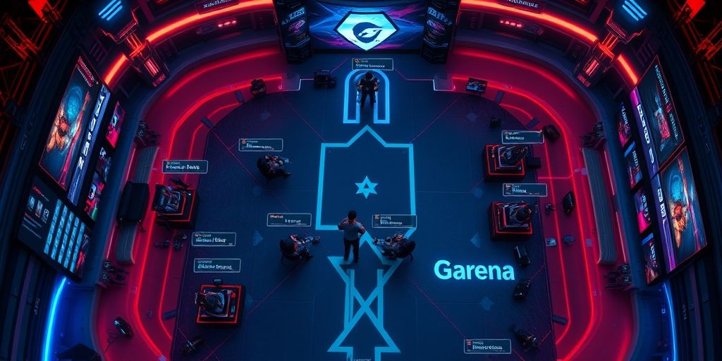 An overhead view of a Garena lobby showing players coordinating roles, chat bubbles, and a crisp UI with vibrant esports energy, ready to play.