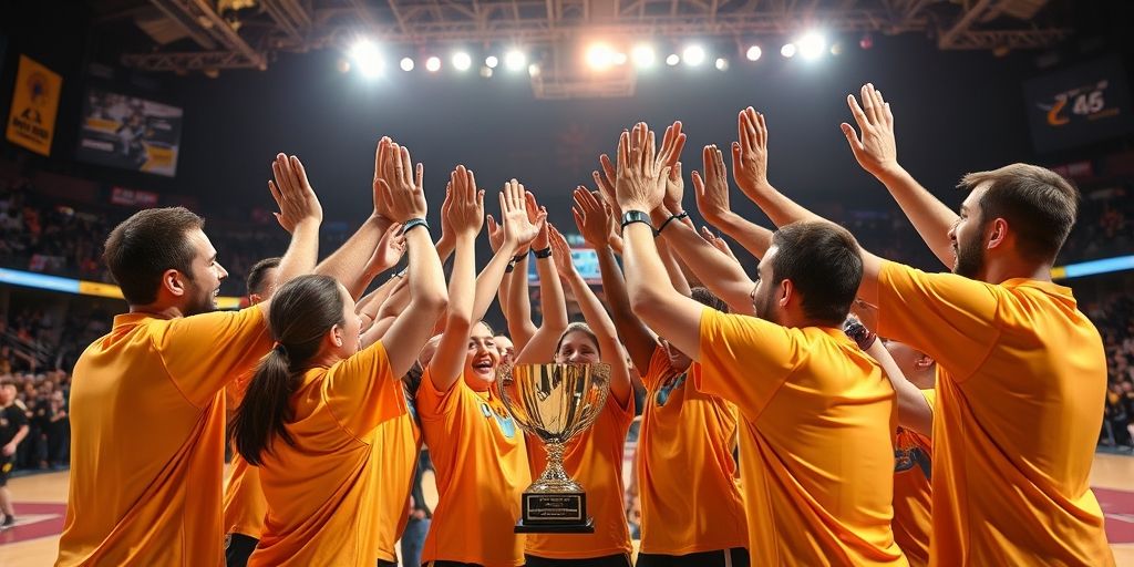 A triumphant team moment with high fives in a tournament setting, bright stage lights, and a trophy, emphasizing teamwork and trust.